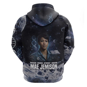 Mae Jemison Zip Hoodie with Space Portrait Design, Science Has No Boundaries Quote and DNA Book Elements - African Pride
