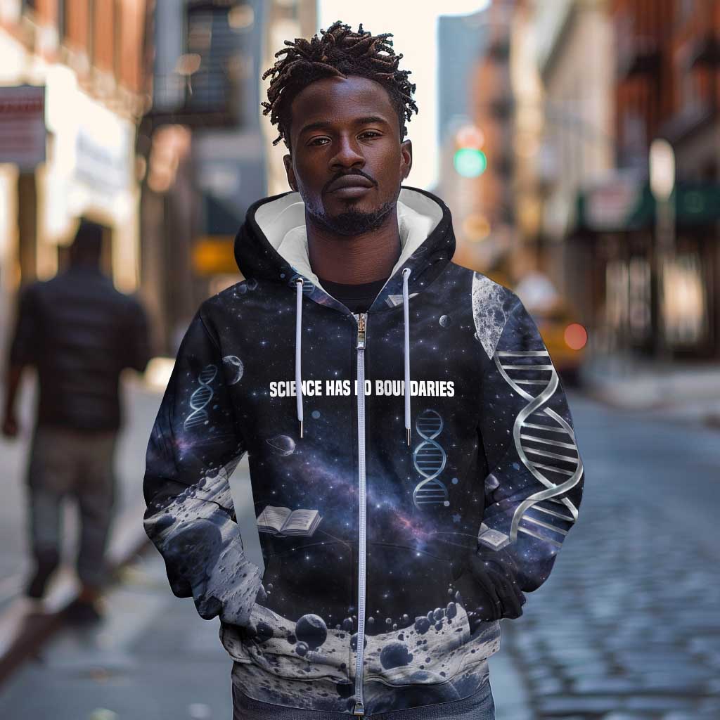 Mae Jemison Zip Hoodie with Space Portrait Design, Science Has No Boundaries Quote and DNA Book Elements - African Pride