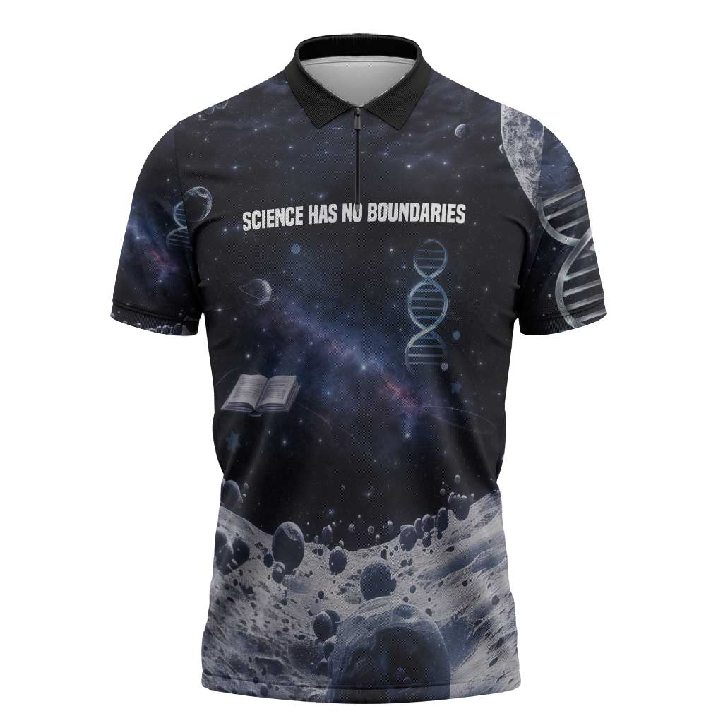 Mae Jemison Zipper Polo Shirt with Space Portrait Design, Science Has No Boundaries Quote and DNA Book Elements - African Pride