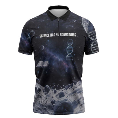 Mae Jemison Zipper Polo Shirt with Space Portrait Design, Science Has No Boundaries Quote and DNA Book Elements - African Pride
