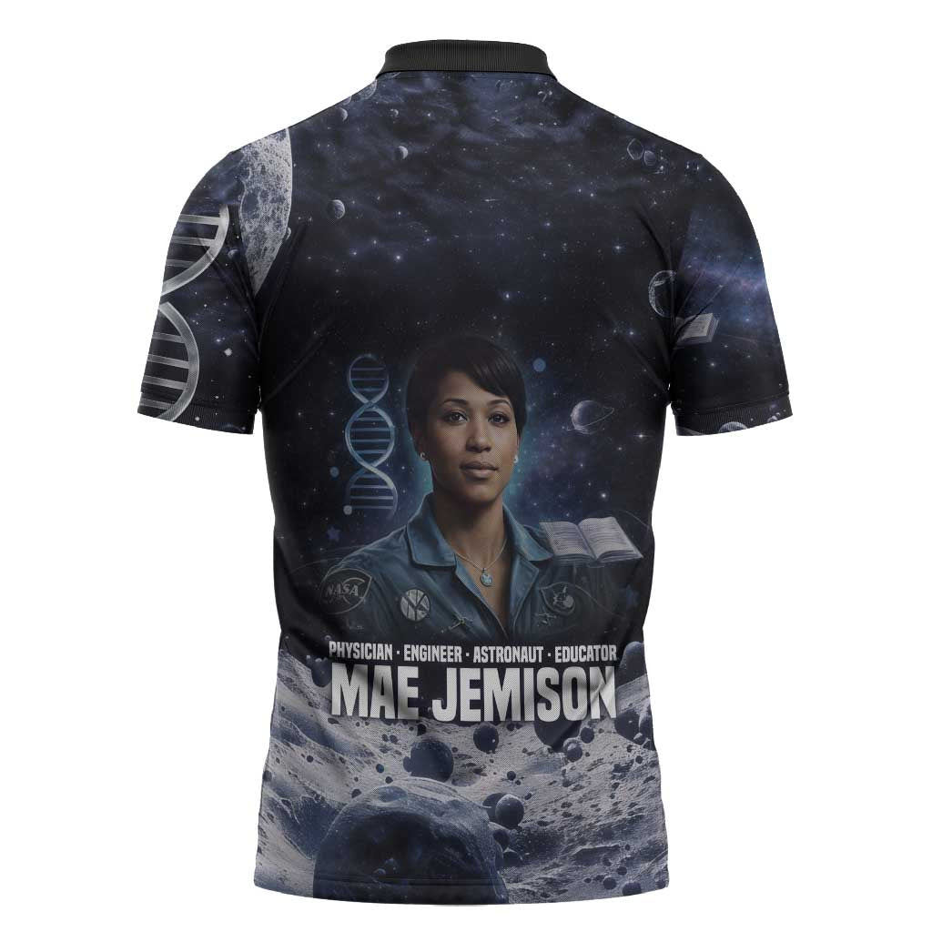Mae Jemison Zipper Polo Shirt with Space Portrait Design, Science Has No Boundaries Quote and DNA Book Elements - African Pride