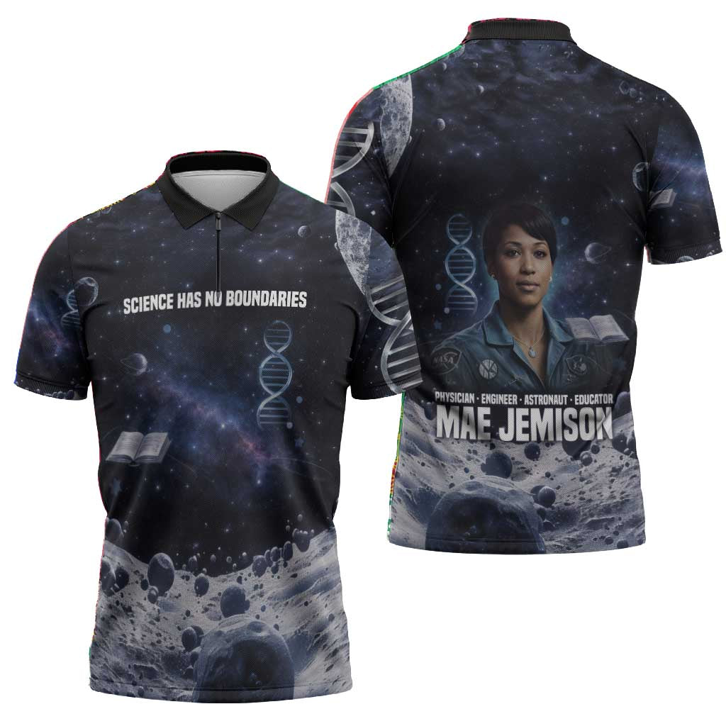Mae Jemison Zipper Polo Shirt with Space Portrait Design, Science Has No Boundaries Quote and DNA Book Elements - African Pride