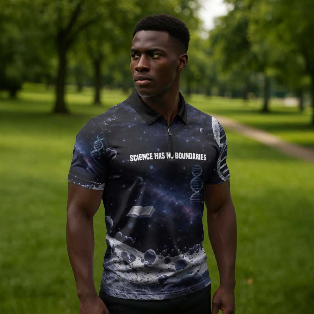 Mae Jemison Zipper Polo Shirt with Space Portrait Design, Science Has No Boundaries Quote and DNA Book Elements - African Pride