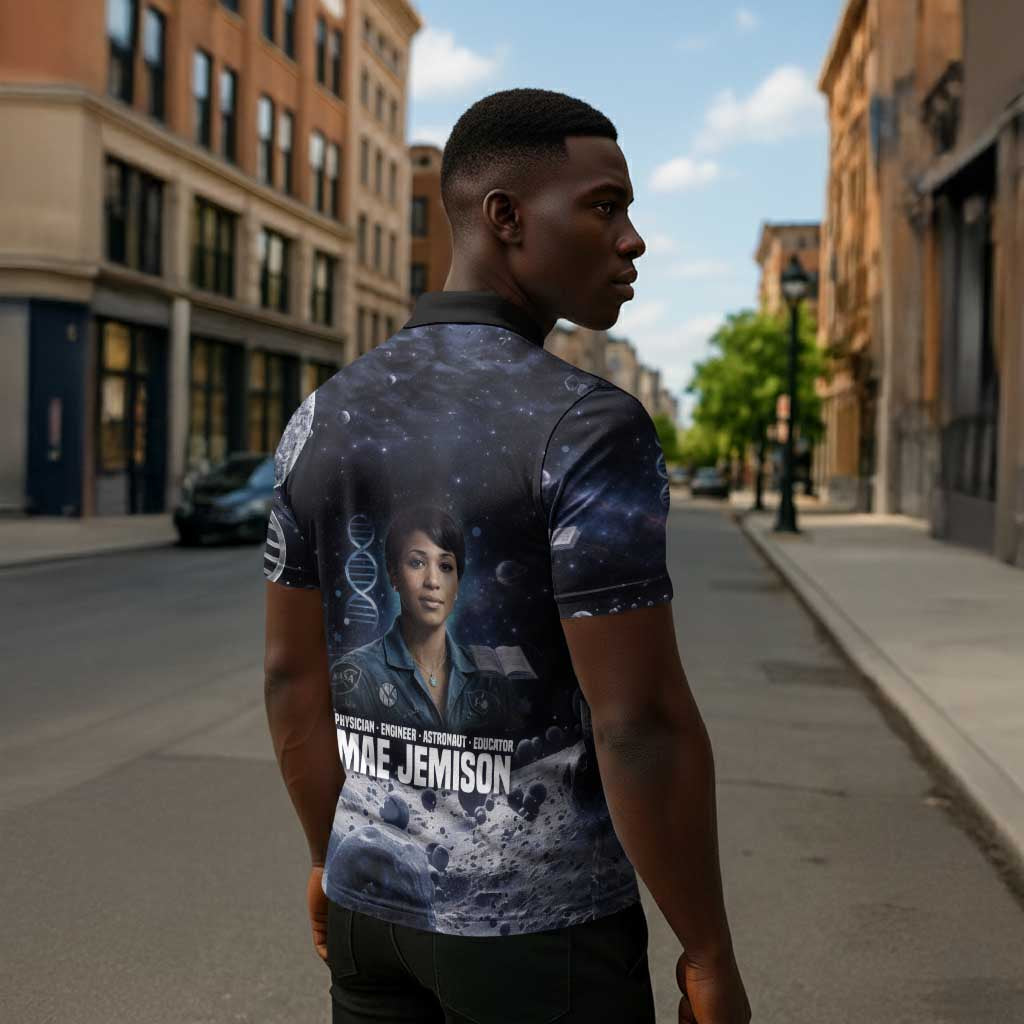 Mae Jemison Zipper Polo Shirt with Space Portrait Design, Science Has No Boundaries Quote and DNA Book Elements - African Pride