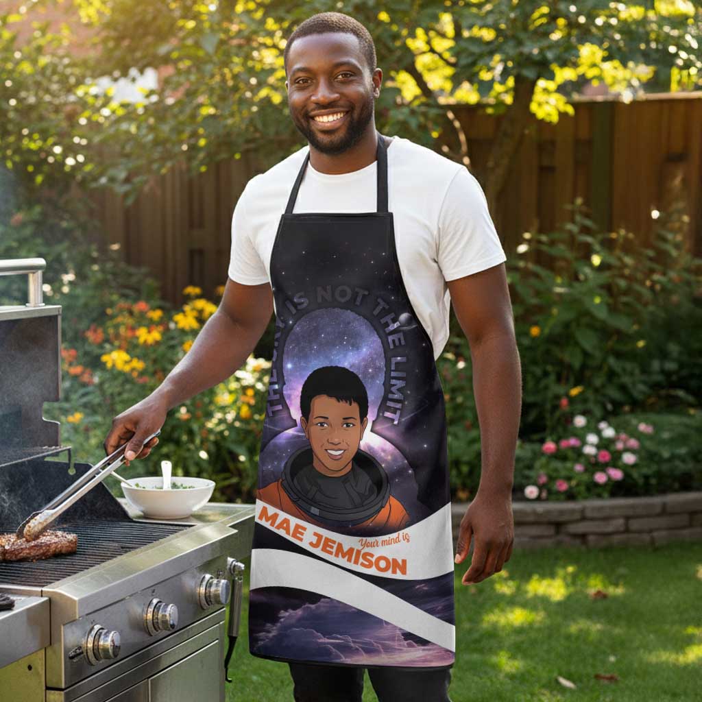 Mae Jemison Apron Cartoon Astronaut Portrait, The Sky Is Not the Limit Quote and Galaxy Dreamer - African Pride