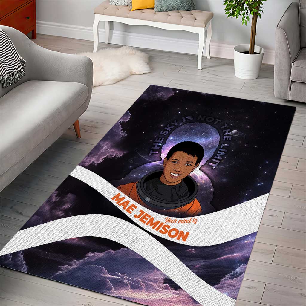 Mae Jemison Area Rug Cartoon Astronaut Portrait, The Sky Is Not the Limit Quote and Galaxy Dreamer - African Pride