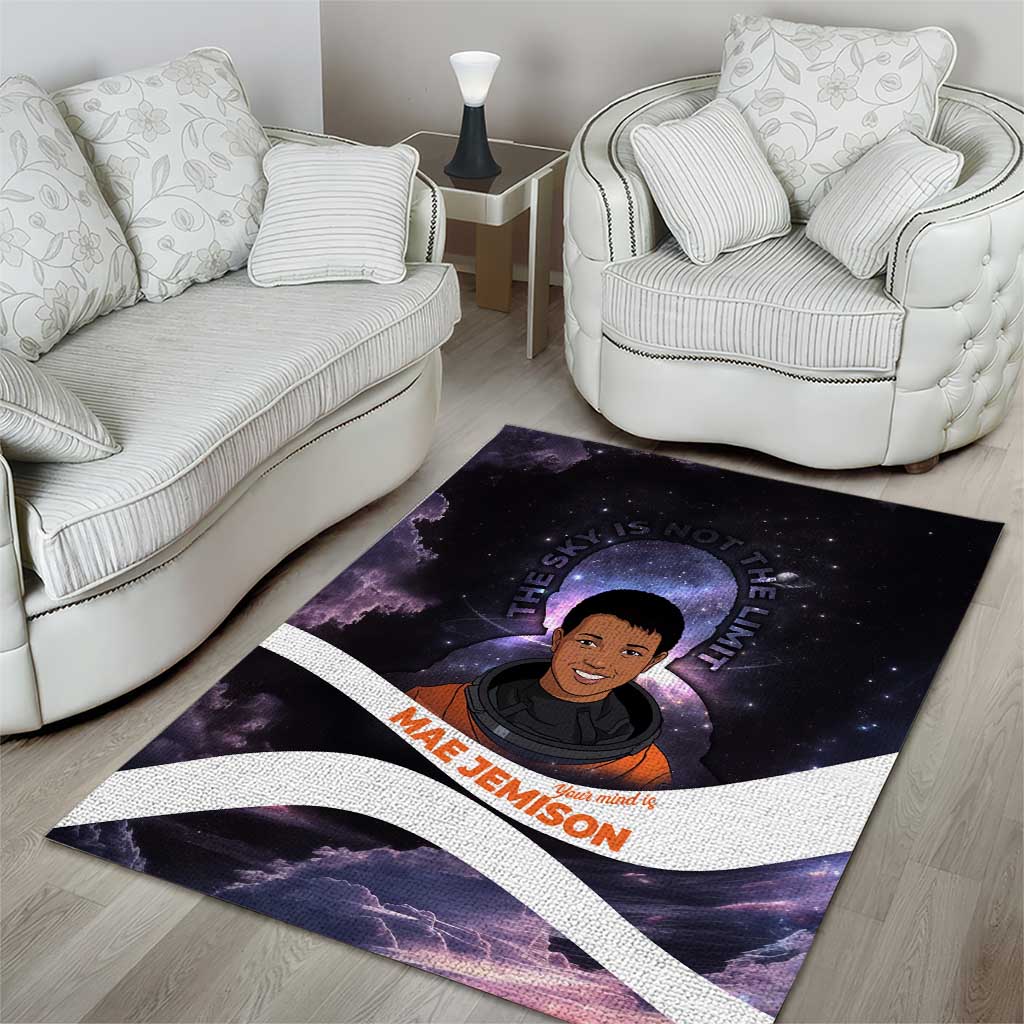 Mae Jemison Area Rug Cartoon Astronaut Portrait, The Sky Is Not the Limit Quote and Galaxy Dreamer - African Pride