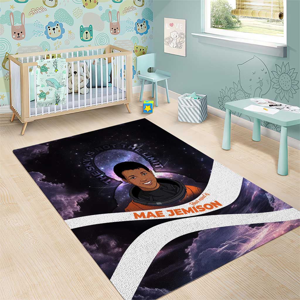 Mae Jemison Area Rug Cartoon Astronaut Portrait, The Sky Is Not the Limit Quote and Galaxy Dreamer - African Pride