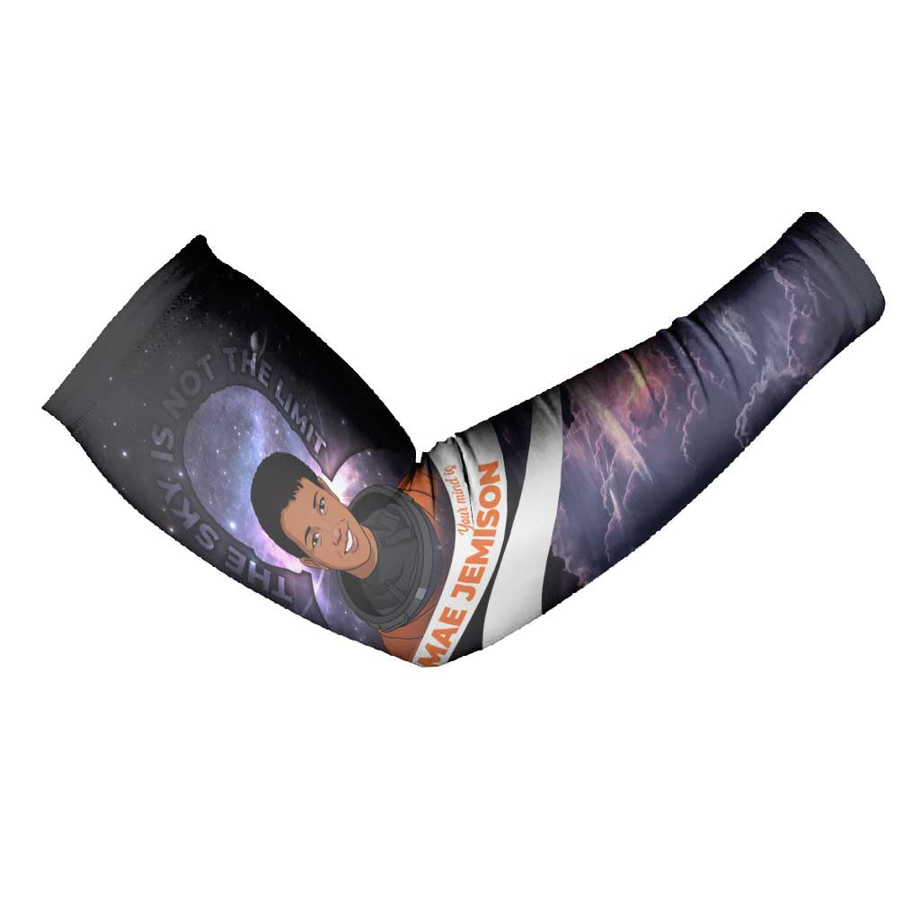 Mae Jemison Arm Sleeves Cartoon Astronaut Portrait, The Sky Is Not the Limit Quote and Galaxy Dreamer - African Pride