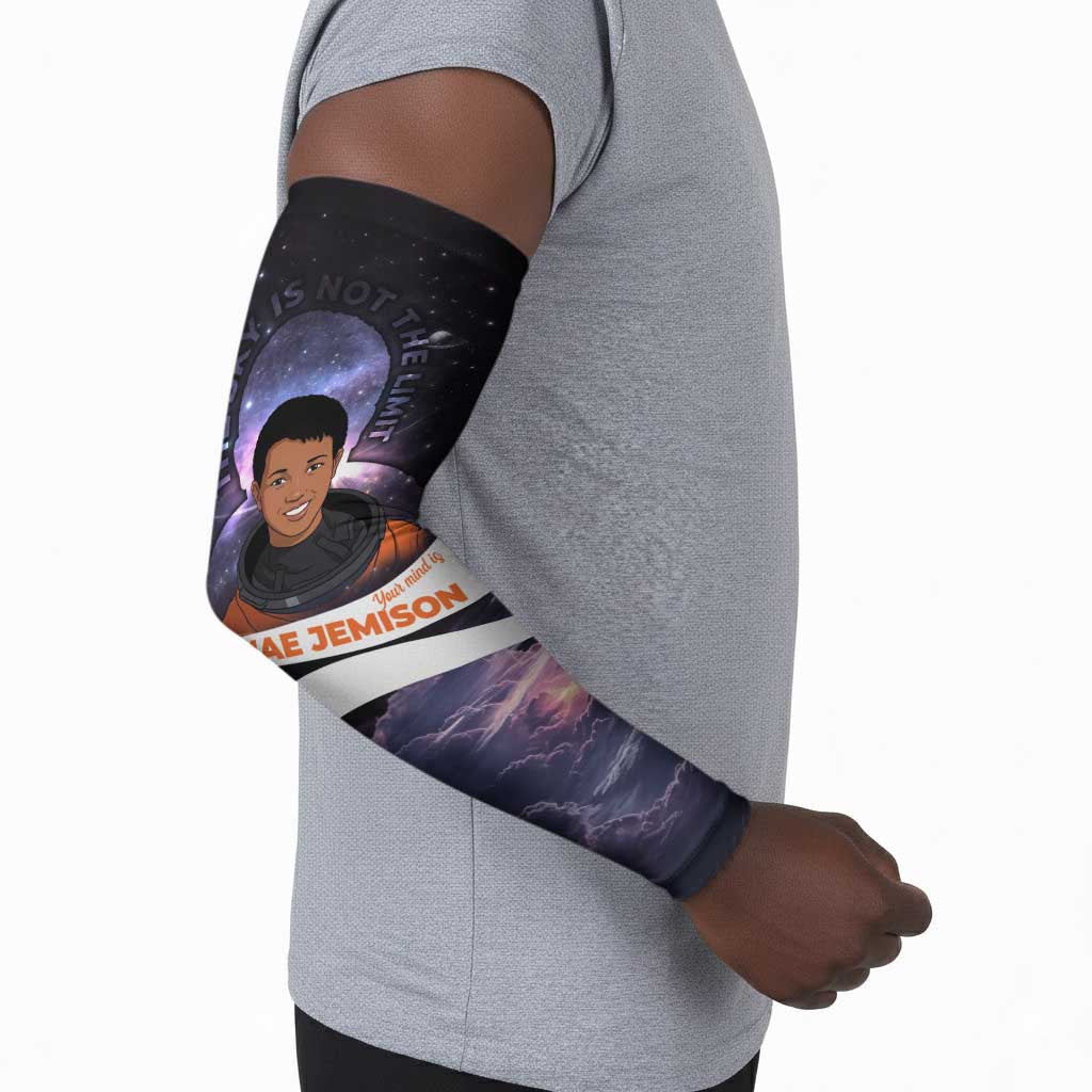 Mae Jemison Arm Sleeves Cartoon Astronaut Portrait, The Sky Is Not the Limit Quote and Galaxy Dreamer - African Pride