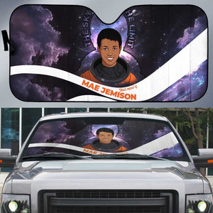 Mae Jemison Auto Sun Shade Cartoon Astronaut Portrait, The Sky Is Not the Limit Quote and Galaxy Dreamer - African Pride