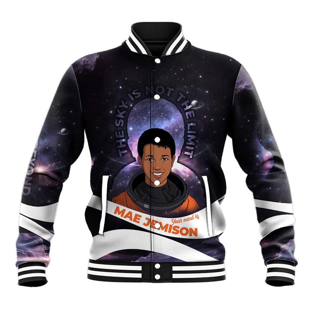 Mae Jemison Baseball Jacket Cartoon Astronaut Portrait, The Sky Is Not the Limit Quote and Galaxy Dreamer - African Pride