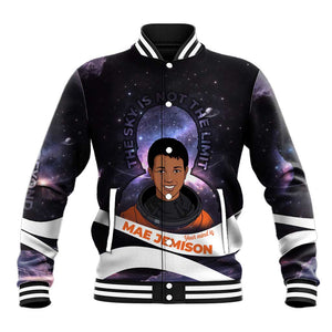 Mae Jemison Baseball Jacket Cartoon Astronaut Portrait, The Sky Is Not the Limit Quote and Galaxy Dreamer - African Pride