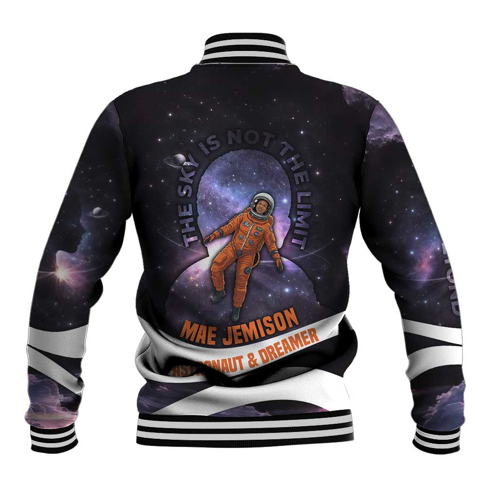 Mae Jemison Baseball Jacket Cartoon Astronaut Portrait, The Sky Is Not the Limit Quote and Galaxy Dreamer - African Pride