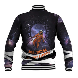 Mae Jemison Baseball Jacket Cartoon Astronaut Portrait, The Sky Is Not the Limit Quote and Galaxy Dreamer - African Pride