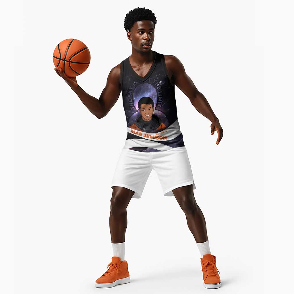 Mae Jemison Basketball Jersey Cartoon Astronaut Portrait, The Sky Is Not the Limit Quote and Galaxy Dreamer - African Pride