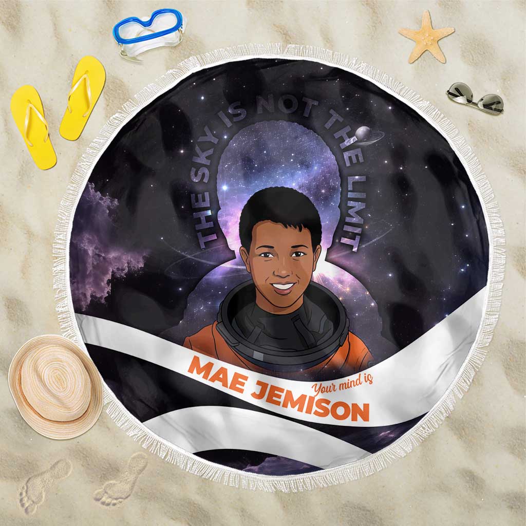 Mae Jemison Beach Blanket Cartoon Astronaut Portrait, The Sky Is Not the Limit Quote and Galaxy Dreamer - African Pride