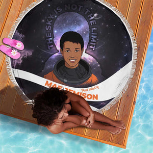 Mae Jemison Beach Blanket Cartoon Astronaut Portrait, The Sky Is Not the Limit Quote and Galaxy Dreamer - African Pride