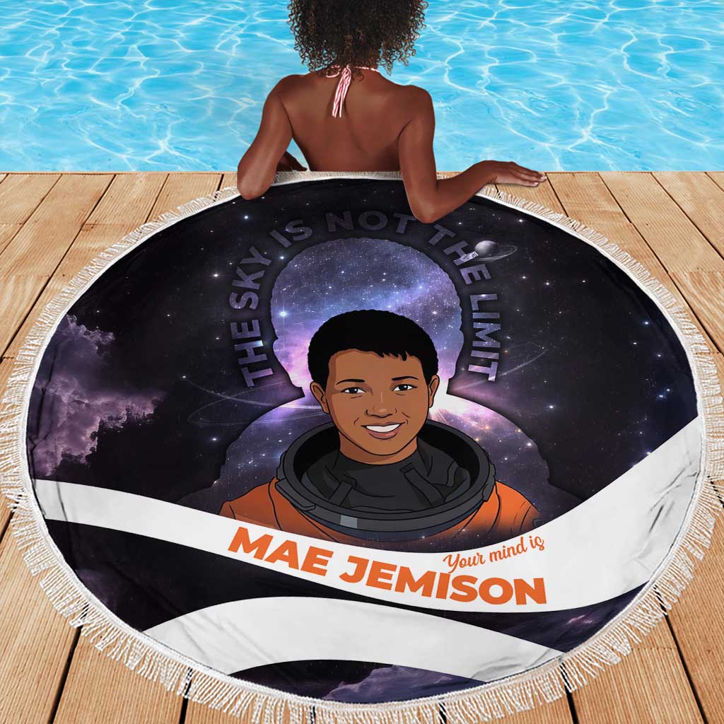 Mae Jemison Beach Blanket Cartoon Astronaut Portrait, The Sky Is Not the Limit Quote and Galaxy Dreamer - African Pride