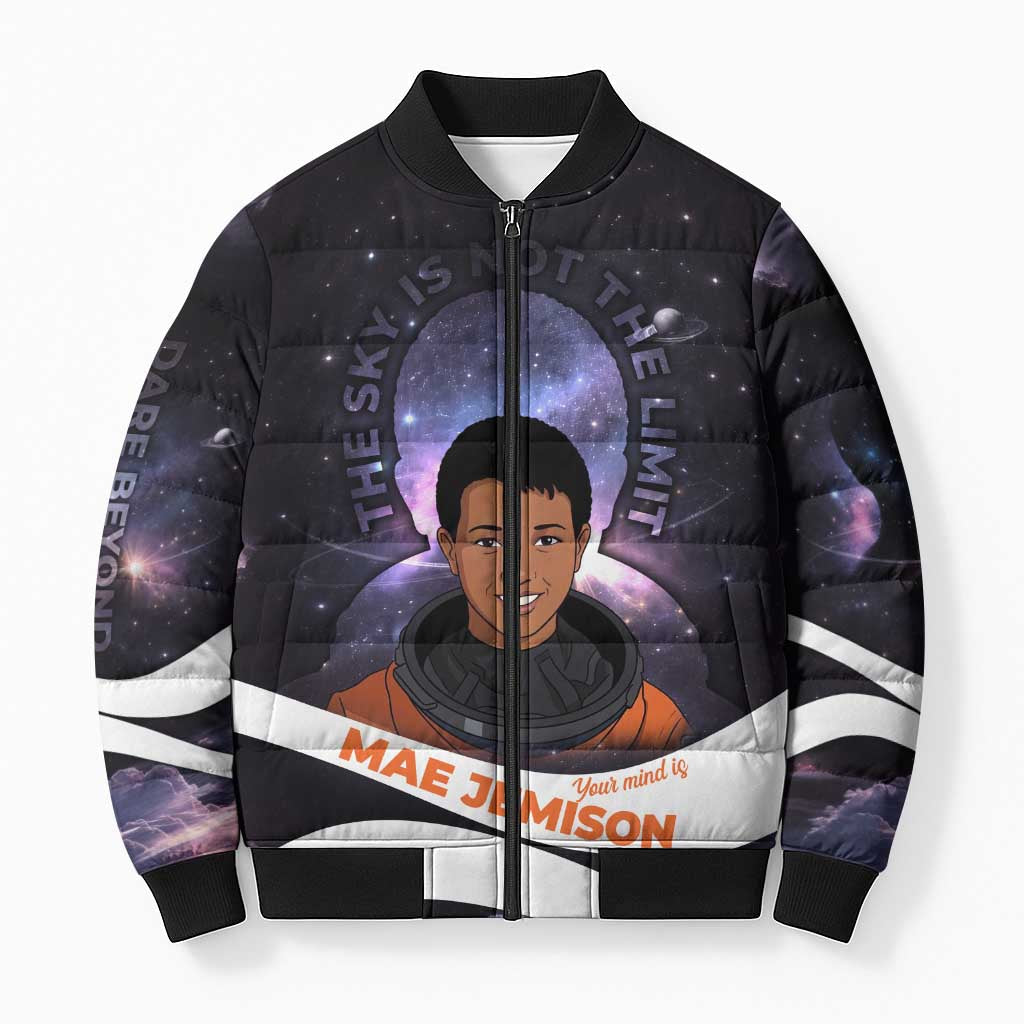Mae Jemison Bomber Puffer Jacket Cartoon Astronaut Portrait, The Sky Is Not the Limit Quote and Galaxy Dreamer - African Pride