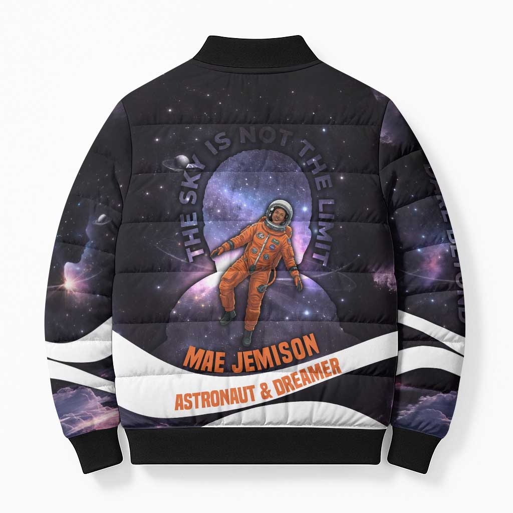 Mae Jemison Bomber Puffer Jacket Cartoon Astronaut Portrait, The Sky Is Not the Limit Quote and Galaxy Dreamer - African Pride