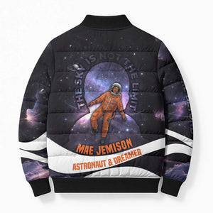 Mae Jemison Bomber Puffer Jacket Cartoon Astronaut Portrait, The Sky Is Not the Limit Quote and Galaxy Dreamer - African Pride