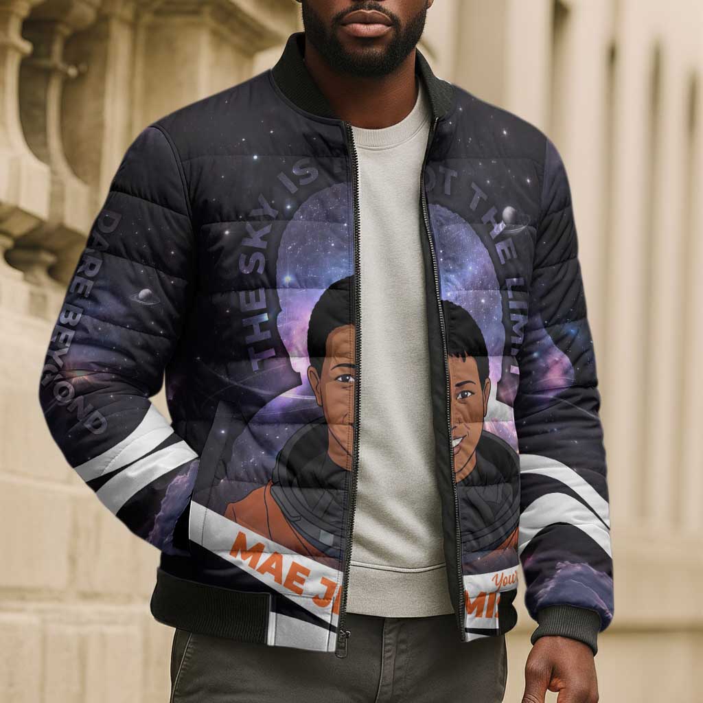 Mae Jemison Bomber Puffer Jacket Cartoon Astronaut Portrait, The Sky Is Not the Limit Quote and Galaxy Dreamer - African Pride