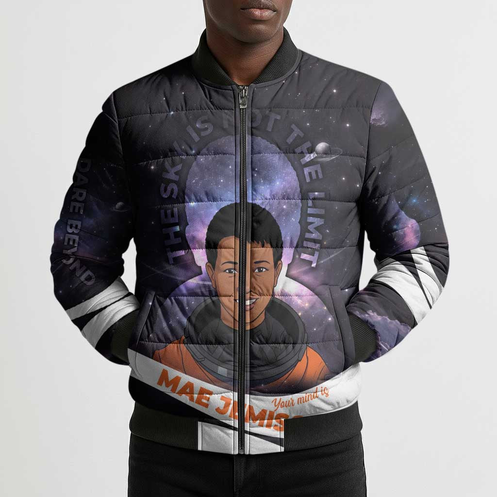 Mae Jemison Bomber Puffer Jacket Cartoon Astronaut Portrait, The Sky Is Not the Limit Quote and Galaxy Dreamer - African Pride