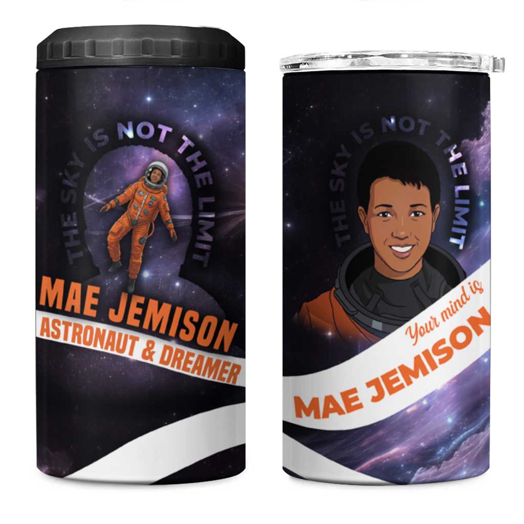 Mae Jemison 4 in 1 Can Cooler Tumbler Cartoon Astronaut Portrait, The Sky Is Not the Limit Quote and Galaxy Dreamer - African Pride