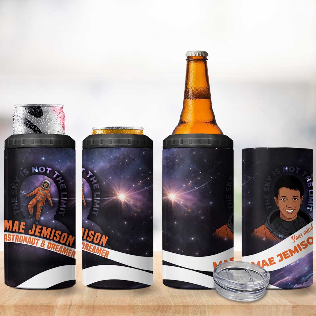 Mae Jemison 4 in 1 Can Cooler Tumbler Cartoon Astronaut Portrait, The Sky Is Not the Limit Quote and Galaxy Dreamer - African Pride