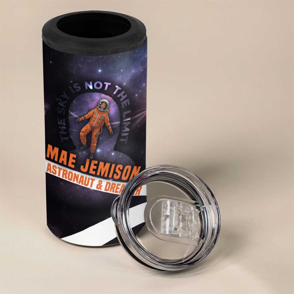 Mae Jemison 4 in 1 Can Cooler Tumbler Cartoon Astronaut Portrait, The Sky Is Not the Limit Quote and Galaxy Dreamer - African Pride