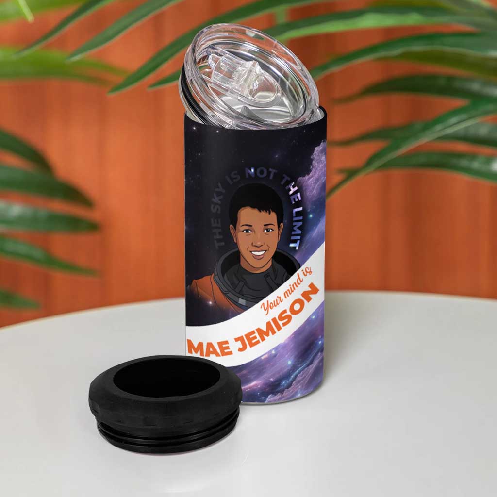 Mae Jemison 4 in 1 Can Cooler Tumbler Cartoon Astronaut Portrait, The Sky Is Not the Limit Quote and Galaxy Dreamer - African Pride