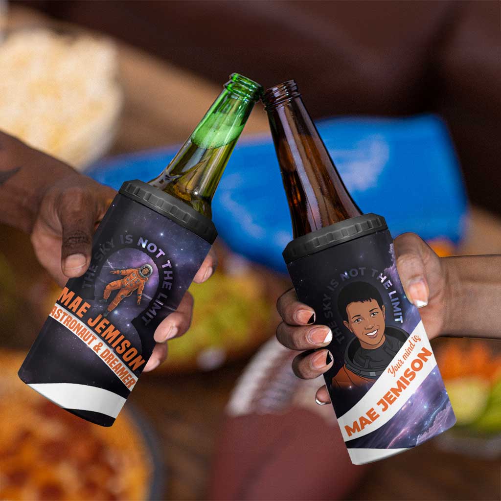 Mae Jemison 4 in 1 Can Cooler Tumbler Cartoon Astronaut Portrait, The Sky Is Not the Limit Quote and Galaxy Dreamer - African Pride