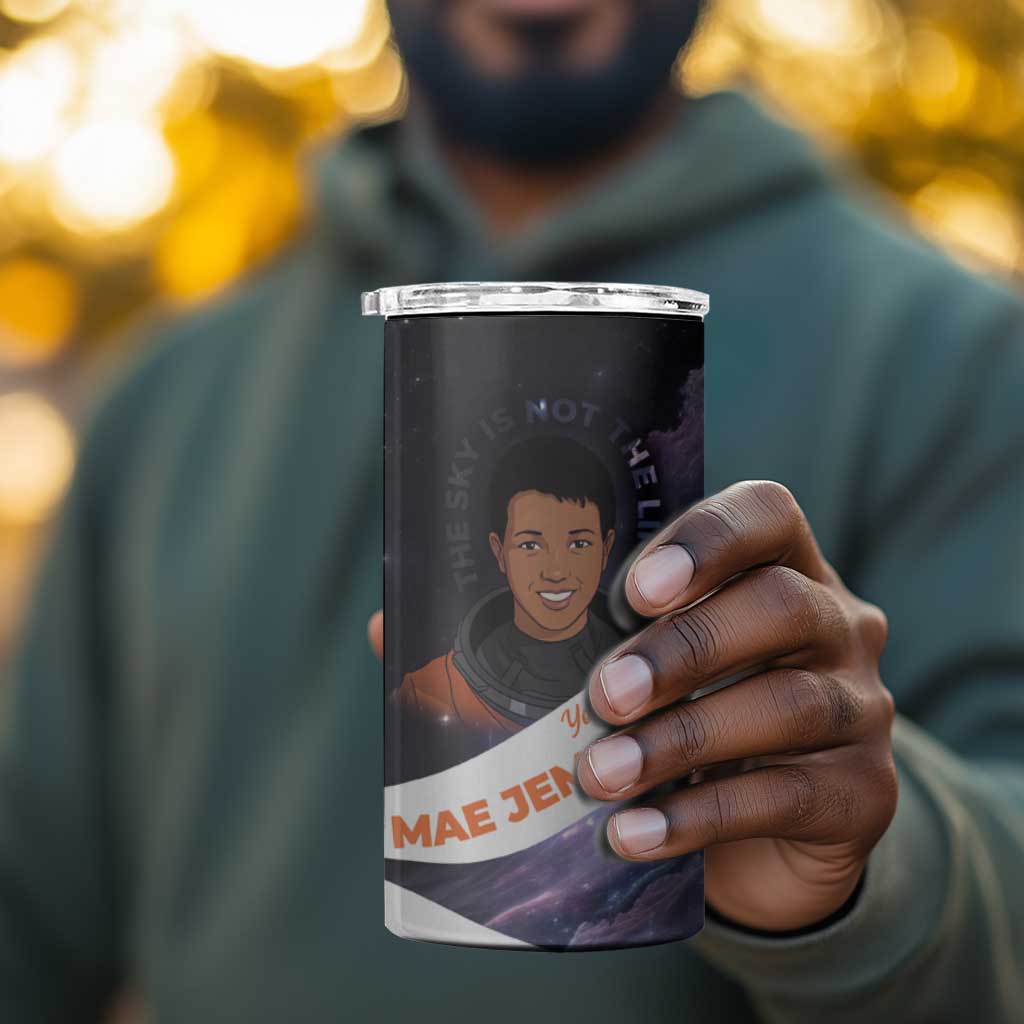 Mae Jemison 4 in 1 Can Cooler Tumbler Cartoon Astronaut Portrait, The Sky Is Not the Limit Quote and Galaxy Dreamer - African Pride