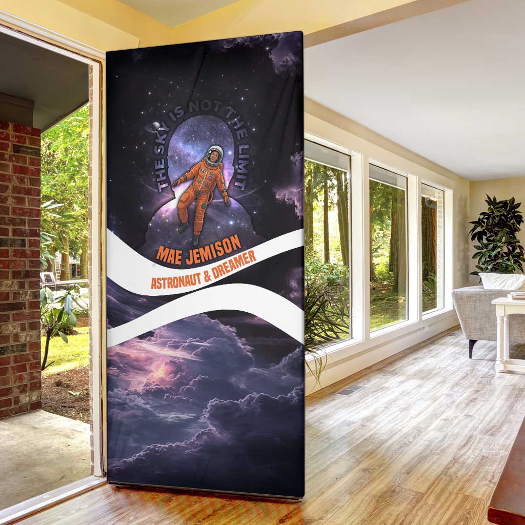 Mae Jemison Door Cover Cartoon Astronaut Portrait, The Sky Is Not the Limit Quote and Galaxy Dreamer - African Pride