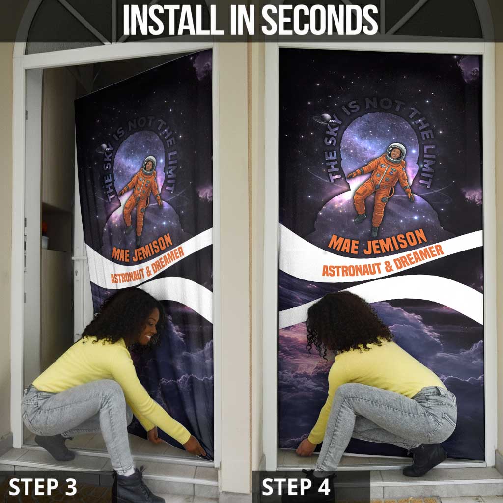 Mae Jemison Door Cover Cartoon Astronaut Portrait, The Sky Is Not the Limit Quote and Galaxy Dreamer - African Pride