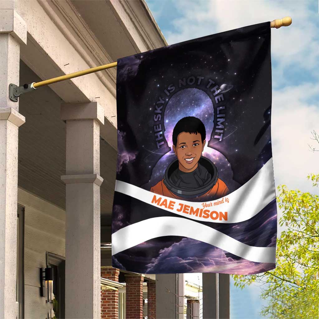 Mae Jemison Garden Flag Cartoon Astronaut Portrait, The Sky Is Not the Limit Quote and Galaxy Dreamer - African Pride