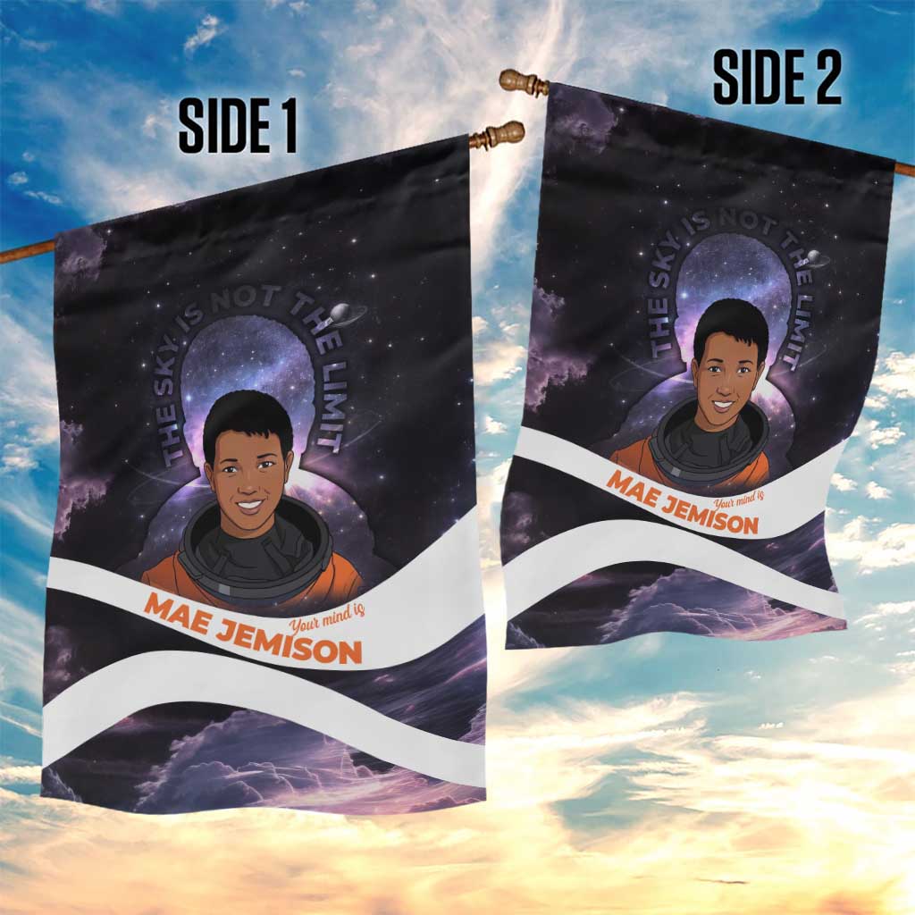 Mae Jemison Garden Flag Cartoon Astronaut Portrait, The Sky Is Not the Limit Quote and Galaxy Dreamer - African Pride
