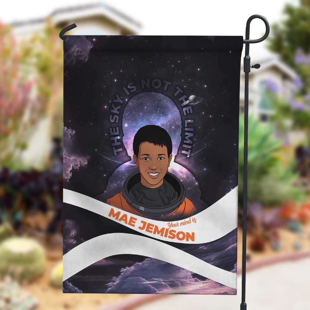 Mae Jemison Garden Flag Cartoon Astronaut Portrait, The Sky Is Not the Limit Quote and Galaxy Dreamer - African Pride