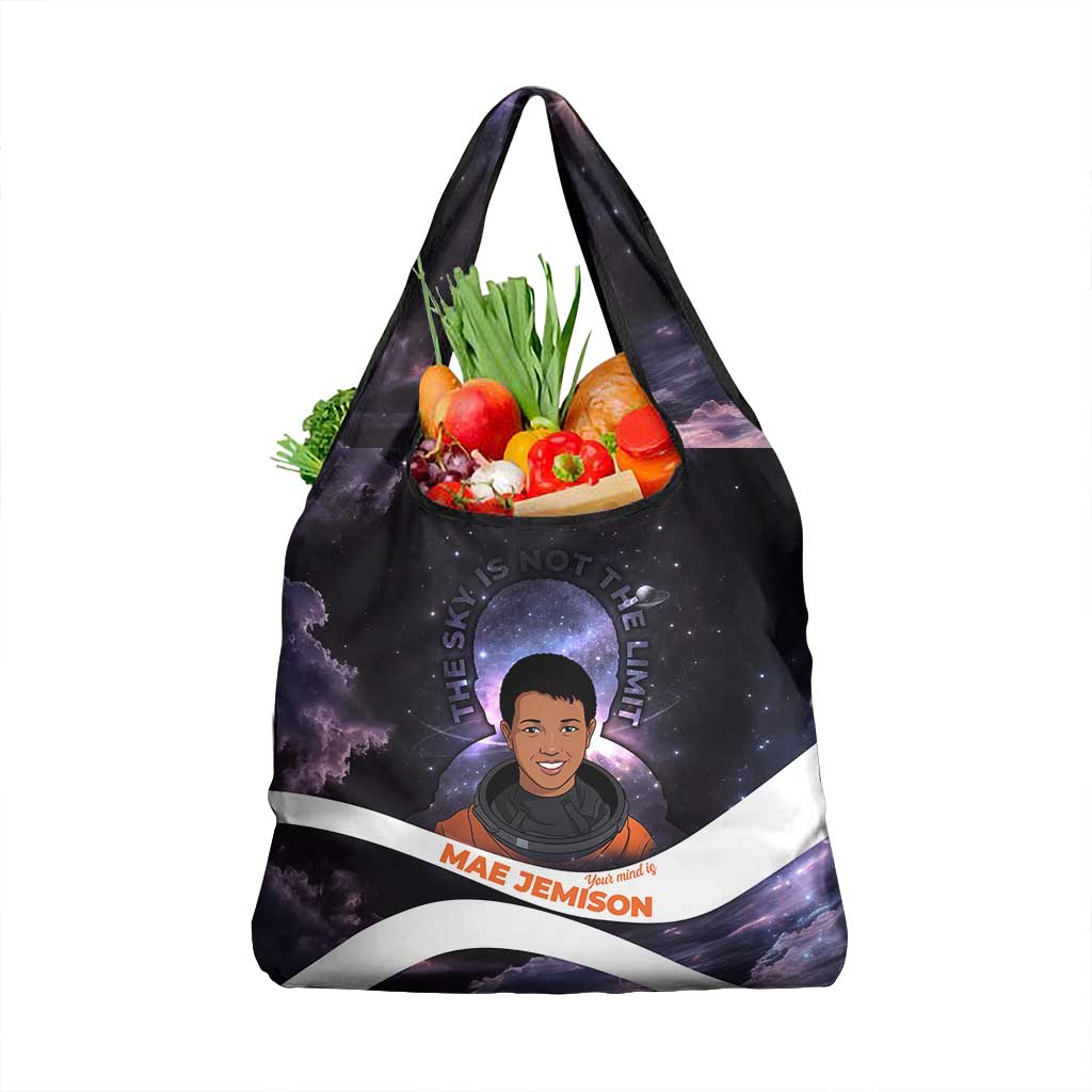 Mae Jemison Grocery Bag Cartoon Astronaut Portrait, The Sky Is Not the Limit Quote and Galaxy Dreamer - African Pride
