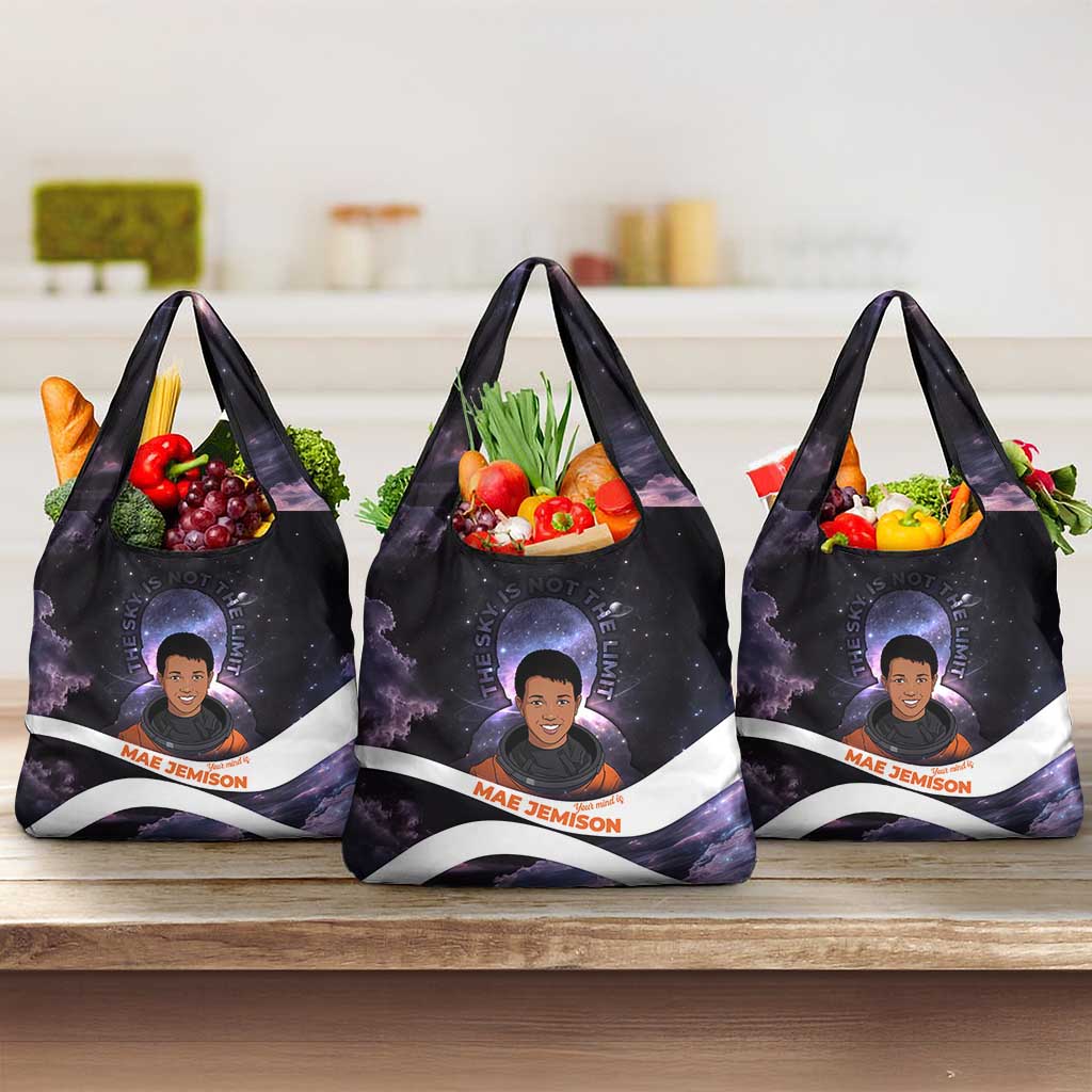Mae Jemison Grocery Bag Cartoon Astronaut Portrait, The Sky Is Not the Limit Quote and Galaxy Dreamer - African Pride