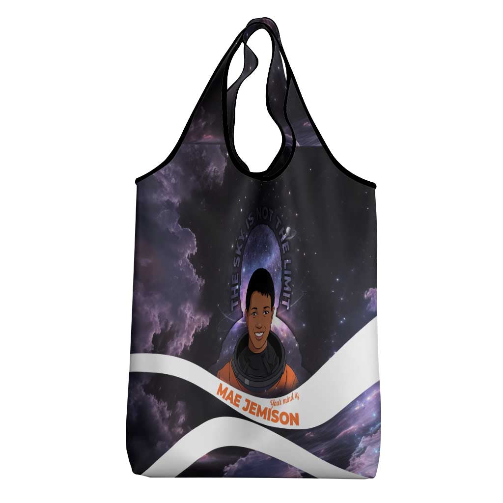 Mae Jemison Grocery Bag Cartoon Astronaut Portrait, The Sky Is Not the Limit Quote and Galaxy Dreamer - African Pride