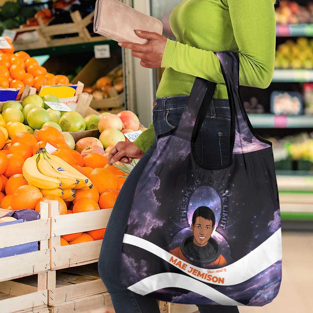 Mae Jemison Grocery Bag Cartoon Astronaut Portrait, The Sky Is Not the Limit Quote and Galaxy Dreamer - African Pride