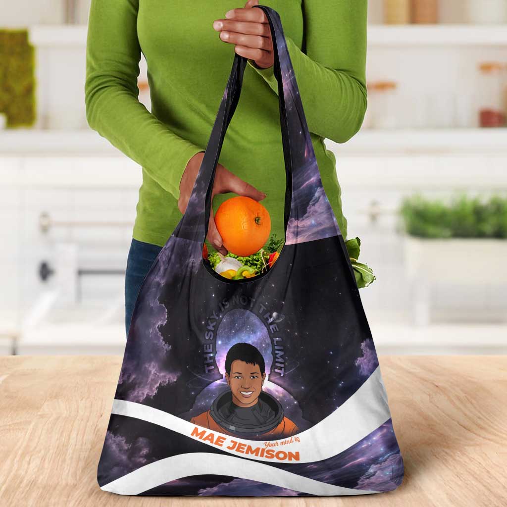 Mae Jemison Grocery Bag Cartoon Astronaut Portrait, The Sky Is Not the Limit Quote and Galaxy Dreamer - African Pride