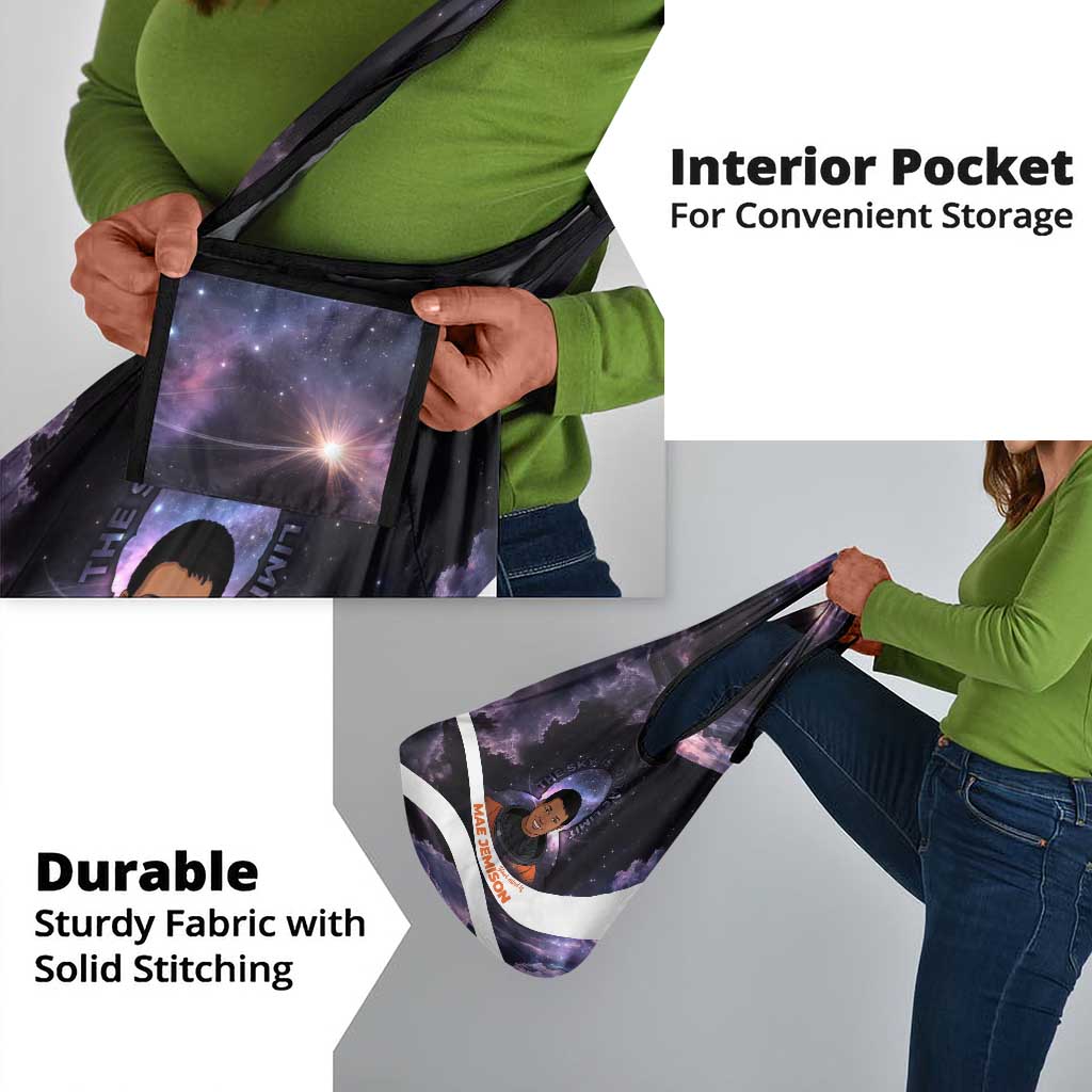 Mae Jemison Grocery Bag Cartoon Astronaut Portrait, The Sky Is Not the Limit Quote and Galaxy Dreamer - African Pride