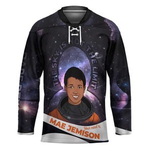 Mae Jemison Hockey Jersey Cartoon Astronaut Portrait, The Sky Is Not the Limit Quote and Galaxy Dreamer - African Pride