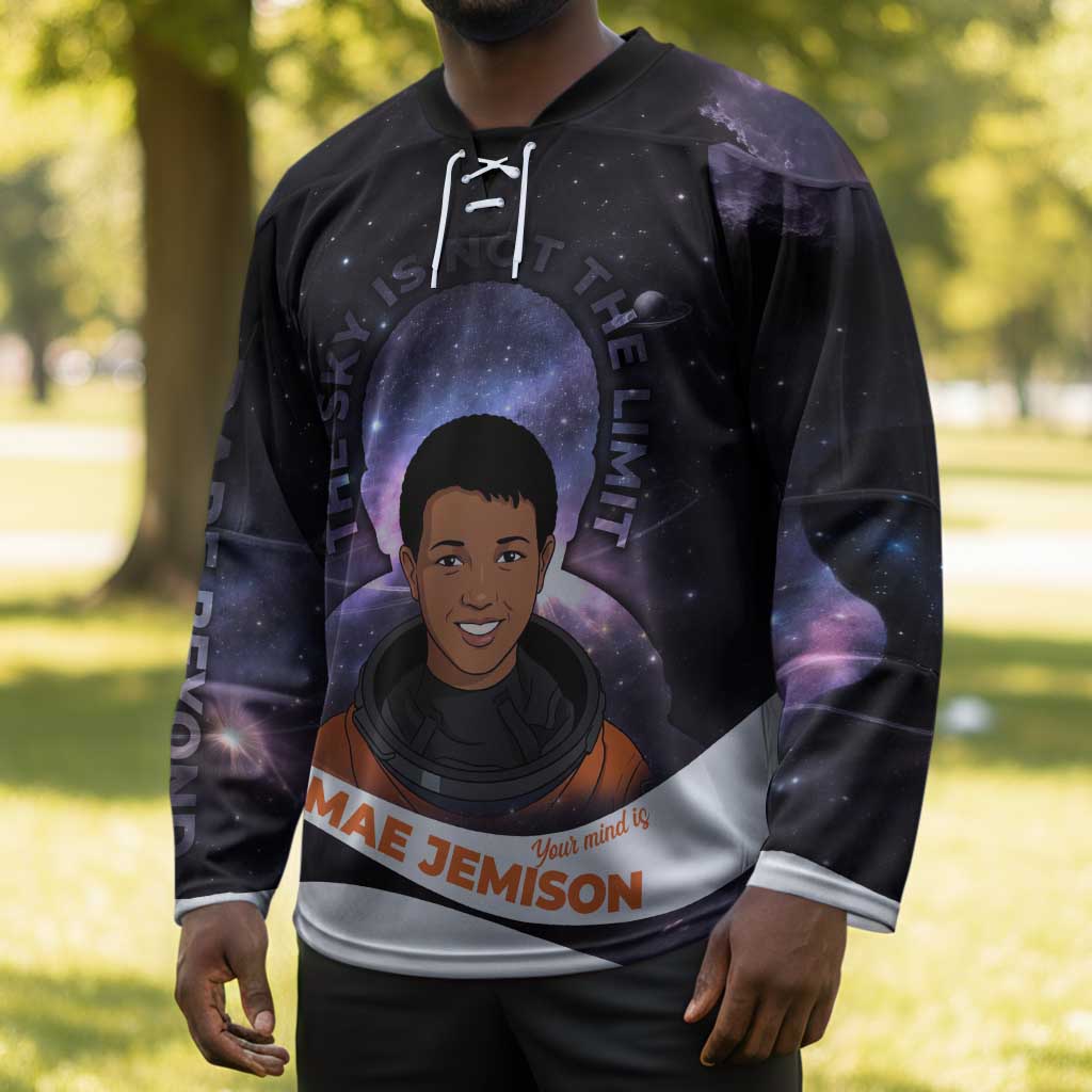 Mae Jemison Hockey Jersey Cartoon Astronaut Portrait, The Sky Is Not the Limit Quote and Galaxy Dreamer - African Pride