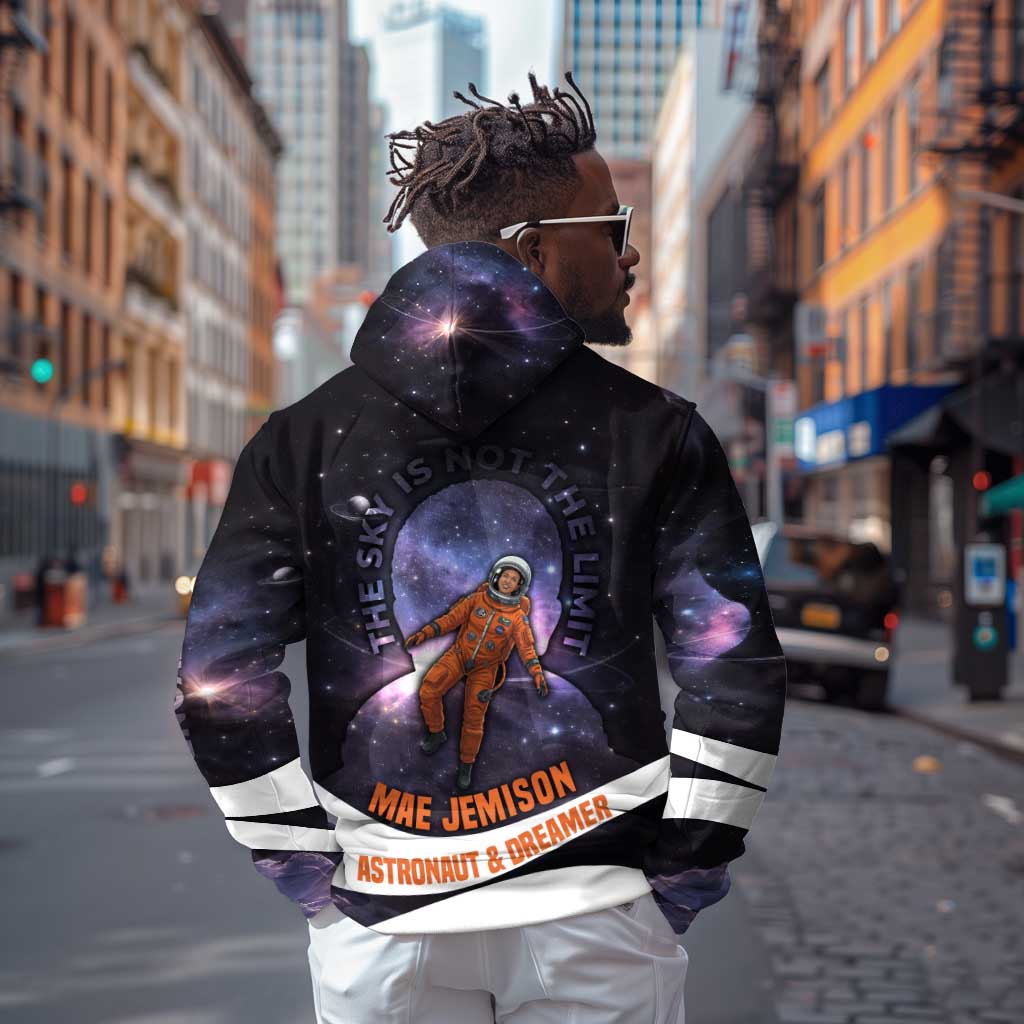 Mae Jemison Hoodie Cartoon Astronaut Portrait, The Sky Is Not the Limit Quote and Galaxy Dreamer - African Pride