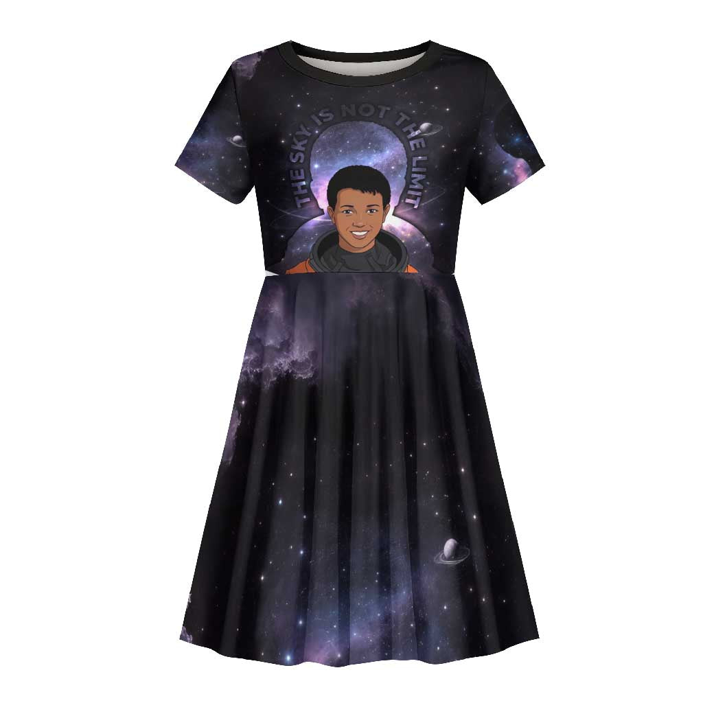 Mae Jemison Kid Short Sleeve Dress Cartoon Astronaut Portrait, The Sky Is Not the Limit Quote and Galaxy Dreamer - African Pride
