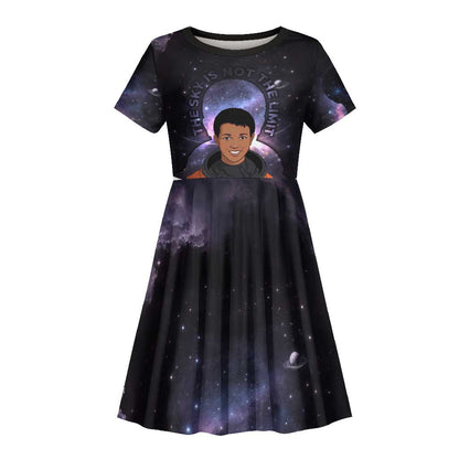 Mae Jemison Kid Short Sleeve Dress Cartoon Astronaut Portrait, The Sky Is Not the Limit Quote and Galaxy Dreamer - African Pride